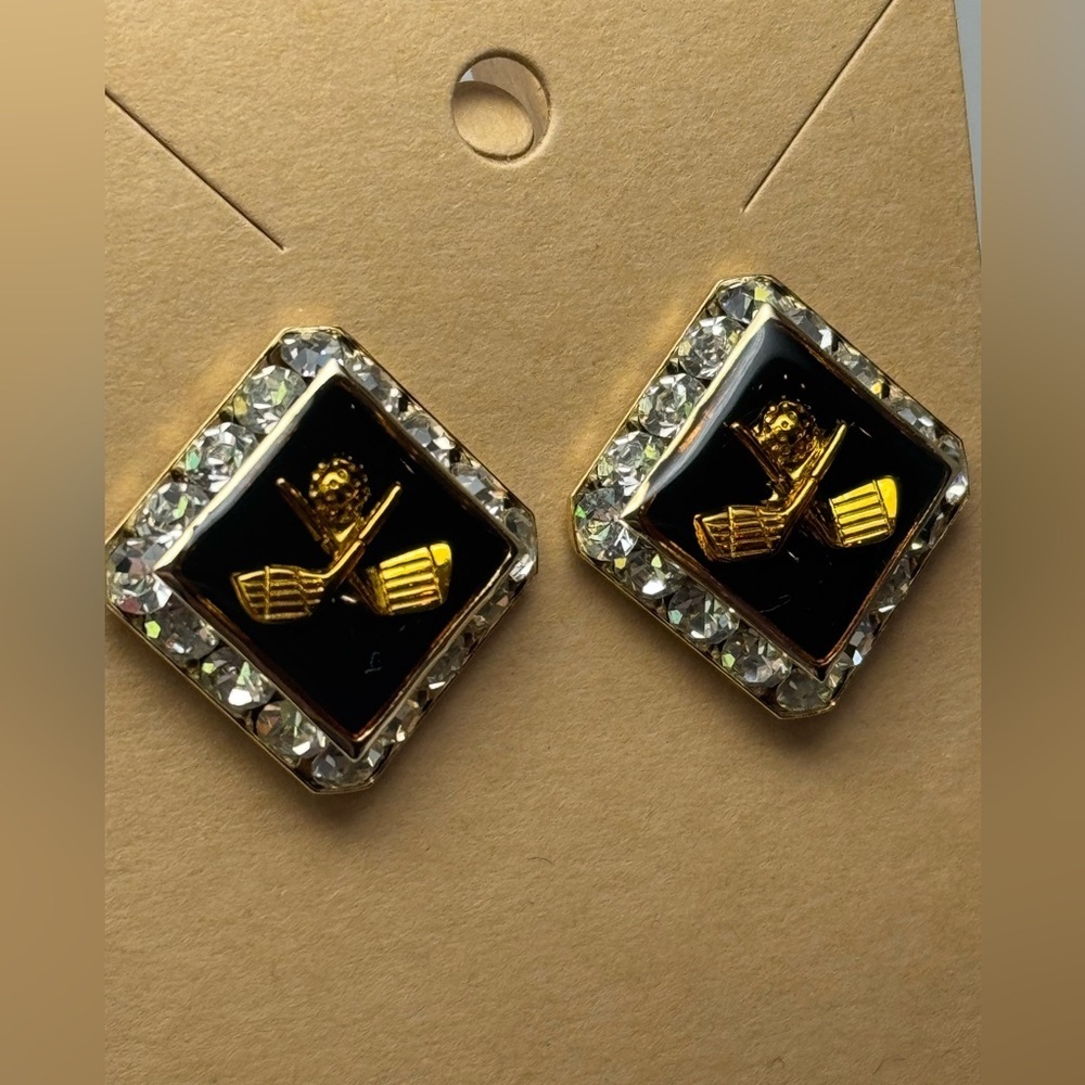 Vtg Golf Clubs Black Resin Crystal Rhinestone Square Earrings